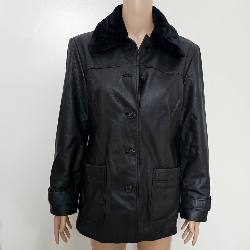 Eddie Bauer Y2K Vintage Leather Jacket Fleece Collar size Medium Petite